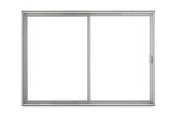 White aluminum sliding window frame with clear glass panes on a transparent background, modern interior design element