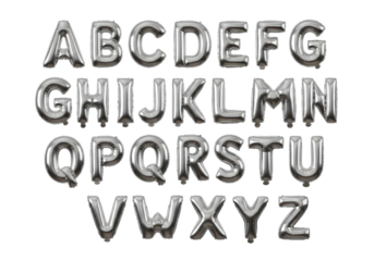 Uppercase english alphabet (a-z) as 3d shiny silver foil balloons, highly reflective, arranged in neat rows on a transparent background with copy space, clean modern typography concept