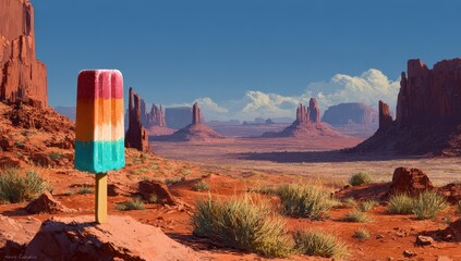 Vibrant Giant Popsicle Stands Tall in Sun-Drenched Red Rock Desert Landscape with Iconic Buttes Under Blue Sky.