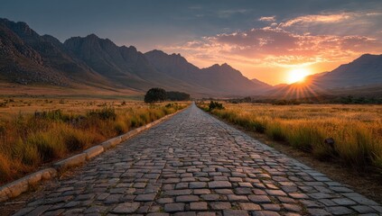 Scenic paved road leading to mountains at sunset