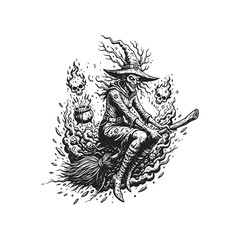 Grim dark fantasy engraving of a wicked witch flying on a broomstick, surrounded by flaming skulls, a magical cauldron, and swirling mystical energy.