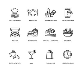 Food and Restaurant Line Icons Set Pack - Dining, Cooking, Delivery, Cuisine, Beverages Vector Icons for Restaurant & Cafe