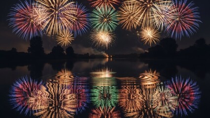 Vibrant fireworks display over calm water at night