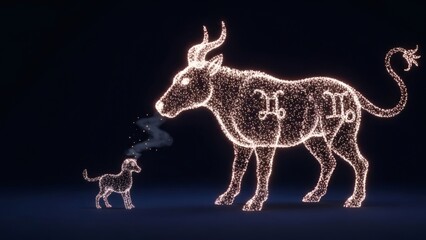 Dog smelling a taurus bull with astrological symbol