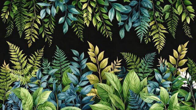 Botanical arrangement featuring green leaves and ferns on black background for a decorative border element