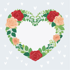 Heart-shaped floral frame with roses and leaves in flat vector style. Ideal for Valentine&rsquo;s Day cards, wedding invitations, packaging, and romantic designs.
