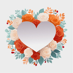 Heart-shaped floral frame with roses and leaves in flat vector style. Ideal for Valentine&rsquo;s Day cards, wedding invitations, packaging, and romantic designs.