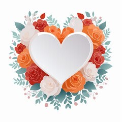 Heart-shaped floral frame with roses and leaves in flat vector style. Ideal for Valentine&rsquo;s Day cards, wedding invitations, packaging, and romantic designs.