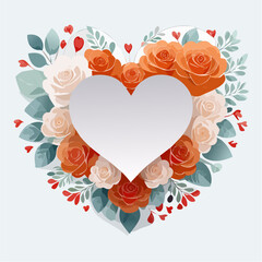Heart-shaped floral frame with roses and leaves in flat vector style. Ideal for Valentine&rsquo;s Day cards, wedding invitations, packaging, and romantic designs.