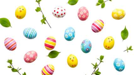 Assortment of brightly colored, decorated Easter eggs mixed with fresh green spring foliage elements isolated on a stark black background perfect for festive holiday designs