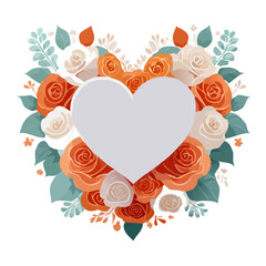 Heart-shaped floral frame with roses and leaves in flat vector style. Ideal for Valentine&rsquo;s Day cards, wedding invitations, packaging, and romantic designs.