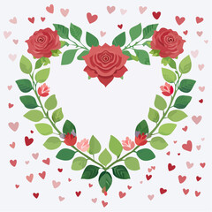 Heart-shaped floral frame with roses and leaves in flat vector style. Ideal for Valentine&rsquo;s Day cards, wedding invitations, packaging, and romantic designs.