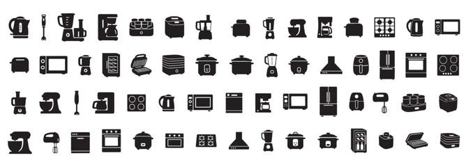 Black silhouettes of kitchen appliances icons set on white background. concept of cooking tools, household electronics, kitchen devices, culinary equipment, design elements © combiy