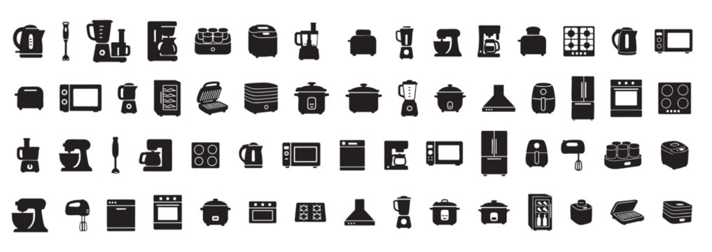 Black silhouettes of kitchen appliances icons set on white background. concept of cooking tools, household electronics, kitchen devices, culinary equipment, design elements