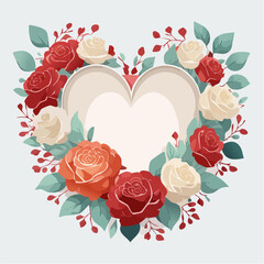 Heart-shaped floral frame with roses and leaves in flat vector style. Ideal for Valentine&rsquo;s Day cards, wedding invitations, packaging, and romantic designs.
