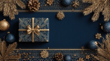 Modern luxury Christmas greeting card vector set featuring blue and gold ornaments, geometric pine trees, and gift boxes for festive invitations and holiday decor