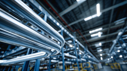 Close-up shows shiny metal pipes in a large industrial warehouse. Bright lights shine on organized metal shelving in the background