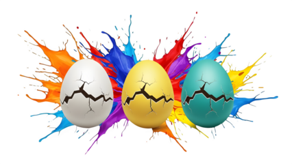 Three cracked and colorful Easter eggs emerge dramatically from vibrant liquid paint splashes creating an energetic holiday concept against a stark black background illustration