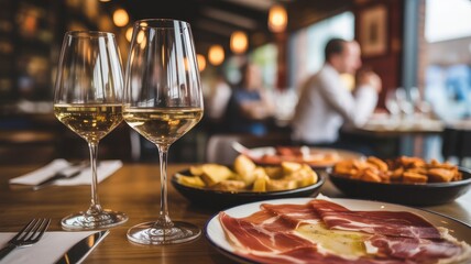 Two glasses of white wine on a table with appetizers in a blurry restaurant background