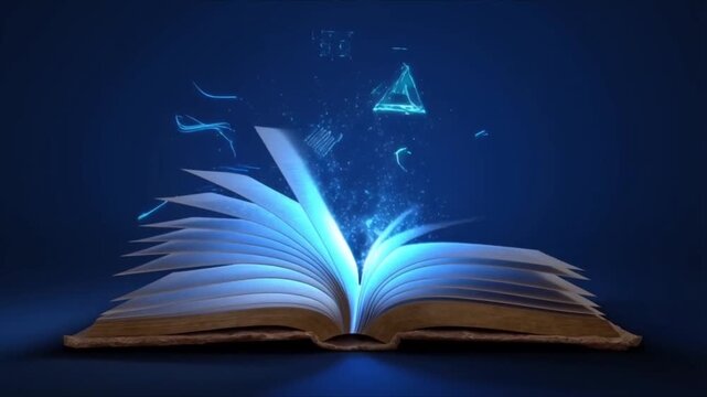 Ancient old book opening dark wooden table, cinematic golden blue glowing light particles rising pages, floating dust, soft volumetric light rays, mystical knowledge awakening, dark ultra-realistic 4k