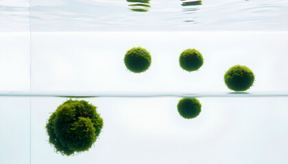 Modern negative-space aquascape with floating aquatic moss balls, suspended in clear water, white background, soft underwater shadows