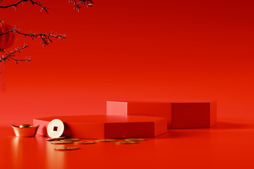Chinese new year product podium with gold coins and red background.3D rendering