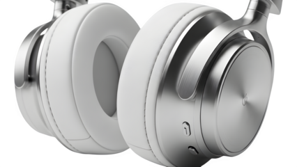 Luxurious close up shot highlighting the sophisticated metal construction and plush white earpads of modern over-ear wireless headphones against a stark black background for high impact advertising.