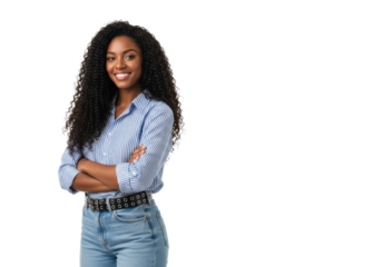 Confident young African American woman, curly hair, striped shirt, jeans, arms crossed, smiling, on transparent studio background with copy space, high-key lighting, concept of powerful attitude