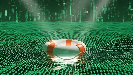 Digital life preserver floating on a vibrant sea of flowing green binary code representing essential data security in a complex cyberspace environment concept