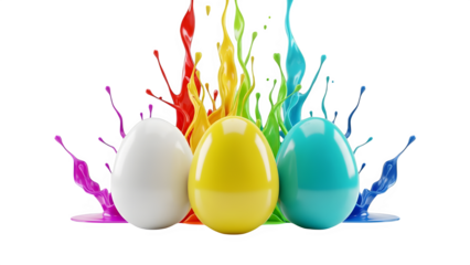 Three brightly colored glossy eggs including white yellow and cyan emerge from vibrant splashes of liquid paint representing artistic celebration and holiday decoration concepts isolated on black