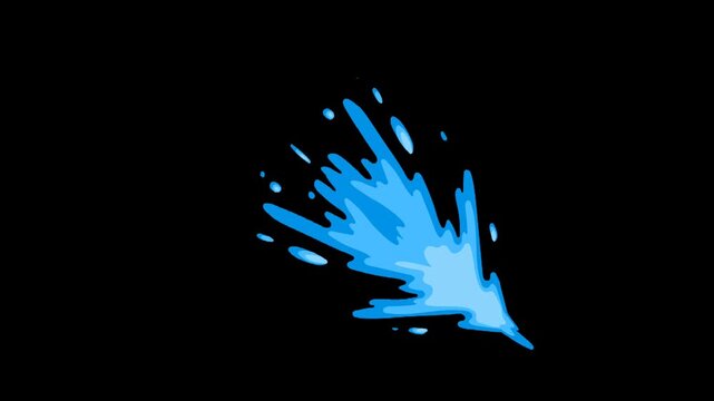 Blue liquid splash streaks diagonally across black background, dynamic cartoon water burst effect perfect for transitions, overlays, and motion graphics