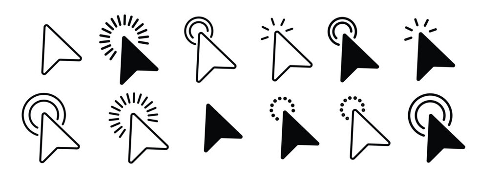Pointer, mouse, click, Hand cursor flat and line icon set. Computer, button, progress, licking cursor, pointing hand clicks, waiting loading icons pack. Vector illustration