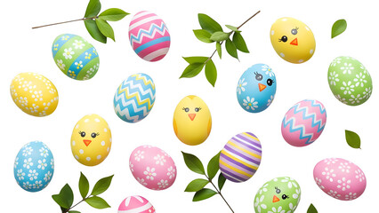 A vibrant collection of colorful decorated easter eggs featuring fun chick faces and spring green foliage floating against a stark black background celebrating the holiday season