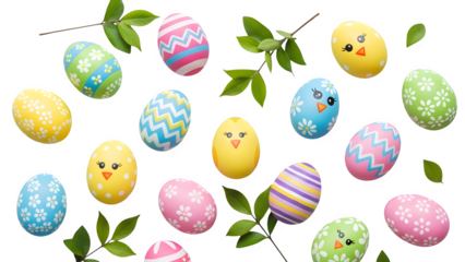 A vibrant collection of colorful decorated easter eggs featuring fun chick faces and spring green foliage floating against a stark black background celebrating the holiday season