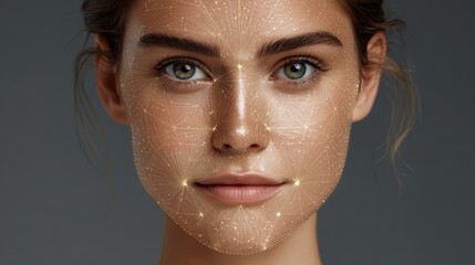 Stunning Portrait with Enhanced Facial Mapping Effects Showcasing Beauty and Radiance Using AI Technology in a Professional Studio Setting