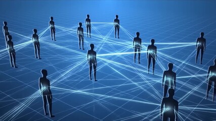 Global digital network human silhouettes standing vast futuristic space, glowing connection lines linking people, abstract technology environment cinematic camera movement, data flow light pulses, 4k - Powered by Adobe