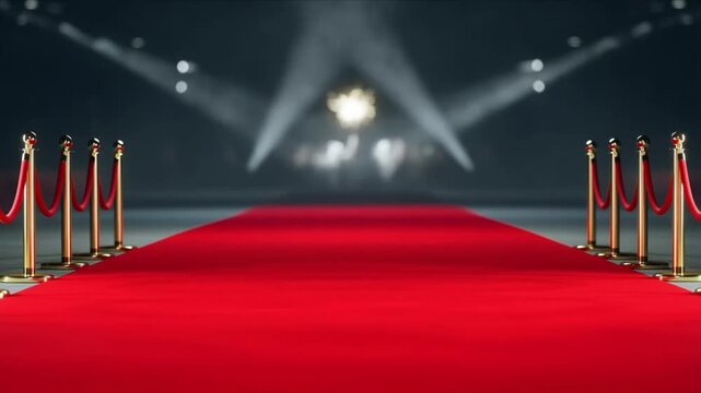 Futuristic red carpet premiere entrance tunnel, glowing light panels, luxury gold accents, cinematic spotlights sweeping, paparazzi flash silhouettes behind translucent walls, modern celebrity fame 4k