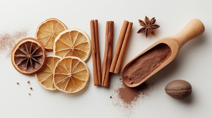 Cinnamon powder cinnamon sticks and dried orange slices on white background top view for seasonal inserts Christmas autumn concept and festive warmth
