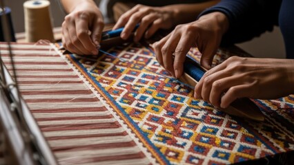 Close-up of hands weaving a colorful textile on a loom with yarns and threads.