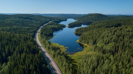 Aerial view of highway along forests and lakes in Norway surrounded by dense pine forest with greenery on both sides blue sky clear weather