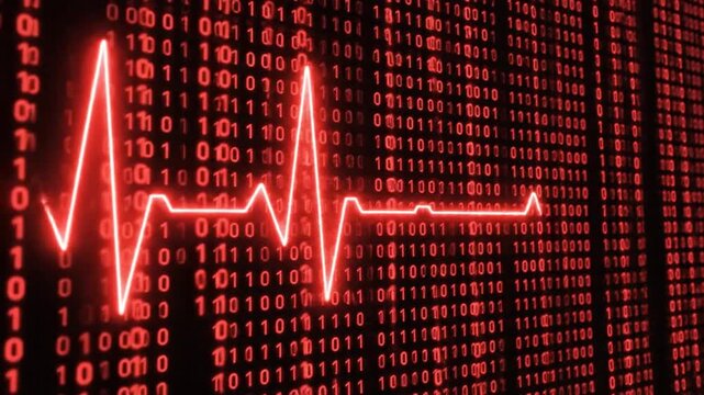 P439-Dynamic digital heartbeat pulse graphic with red binary code on black background 4K 10s