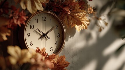 Fall back reminder for daylight saving time with realistic wall clock and autumn leaves on November 2, 2025 in USA and Canada