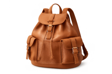 Brown leather backpack with front pockets and buckle straps, ideal for travel, fashion, and daily carrying needs
