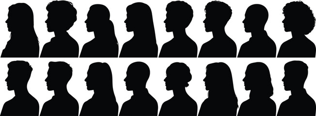 Silhouette, diverse people side profiles, men and women faces, anonymous human heads, community portrait collection, modern crowd illustration, black outline Silhouette, diverse people side profiles