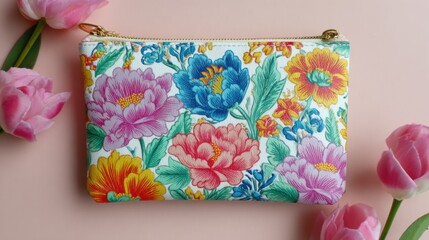 Colorful floral patterned pouch with pink tulips