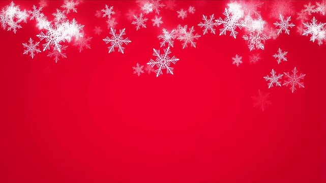 Modern festive holiday background, vibrant red winter backdrop, clean white snowflakes flowing rhythmic motion, minimalist geometric snowfall pattern looping animation glow pulses, high contrast 4k