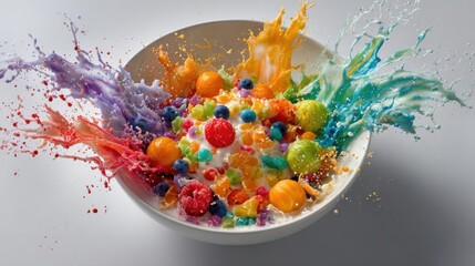 Colorful fruit splash in bowl of cereal