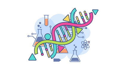 Abstract dna double helix with laboratory icons science education and biotechnology concept