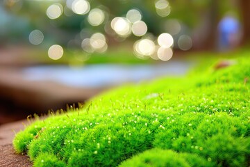 Obraz premium Lush green moss patch with bokeh lights and blurred background