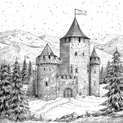 Enchanting Hand-Drawn Winter Castle Illustration Amidst Snowy Pines and Mountains.